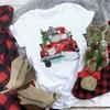 Truck SnowUnisex Family Christmas TShirt Womens Short Sleeve Cute Casual Top Cartoon SnowUnisex with Santa Hat Print