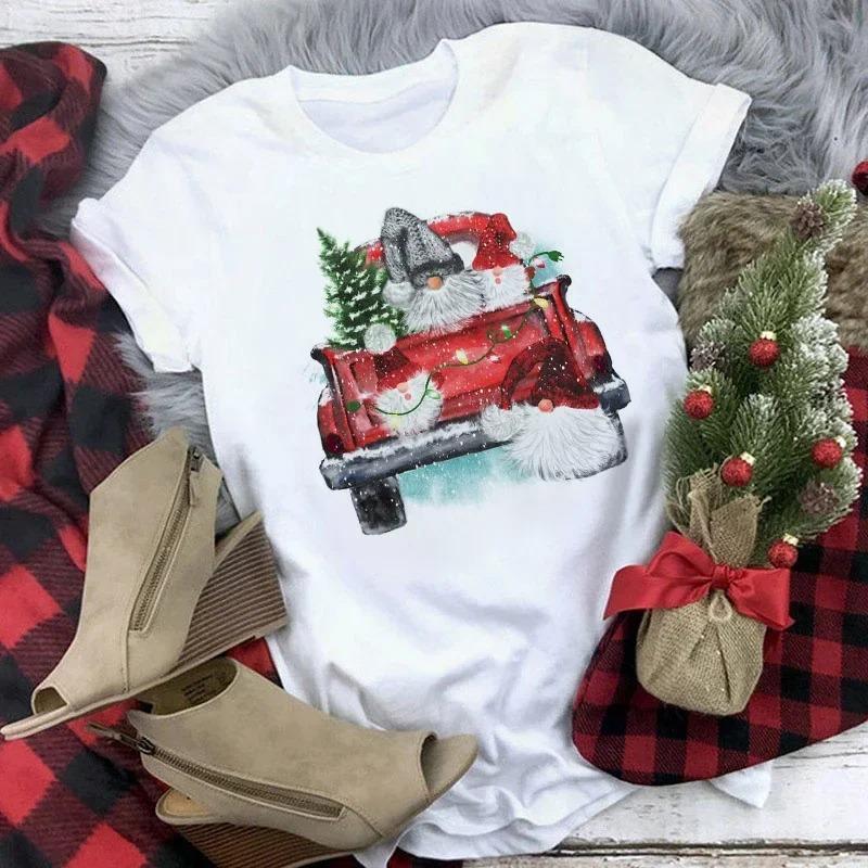 Truck SnowUnisex Family Christmas TShirt Womens Short Sleeve Cute Casual Top Cartoon SnowUnisex with Santa Hat Print