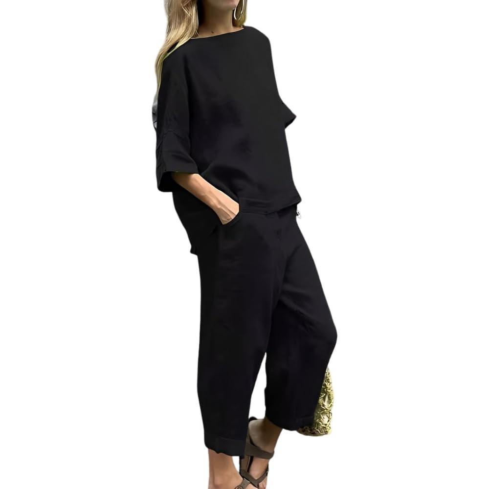 Женский однотонный повседневный хлопковый льняной комплект с рукавами 3/4 и круглым вырезом, топ и брюки