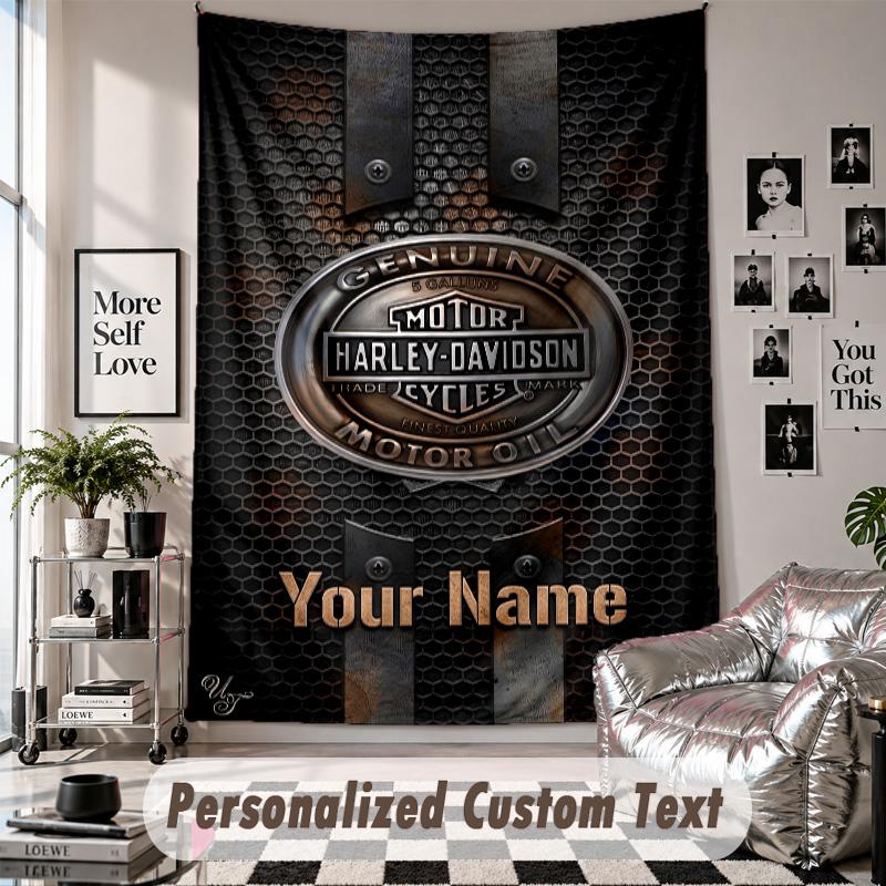 Wall Hanging Tapestry With Custom Name & Text, Harley-Davidson Decorative Tapestry For Bedroom