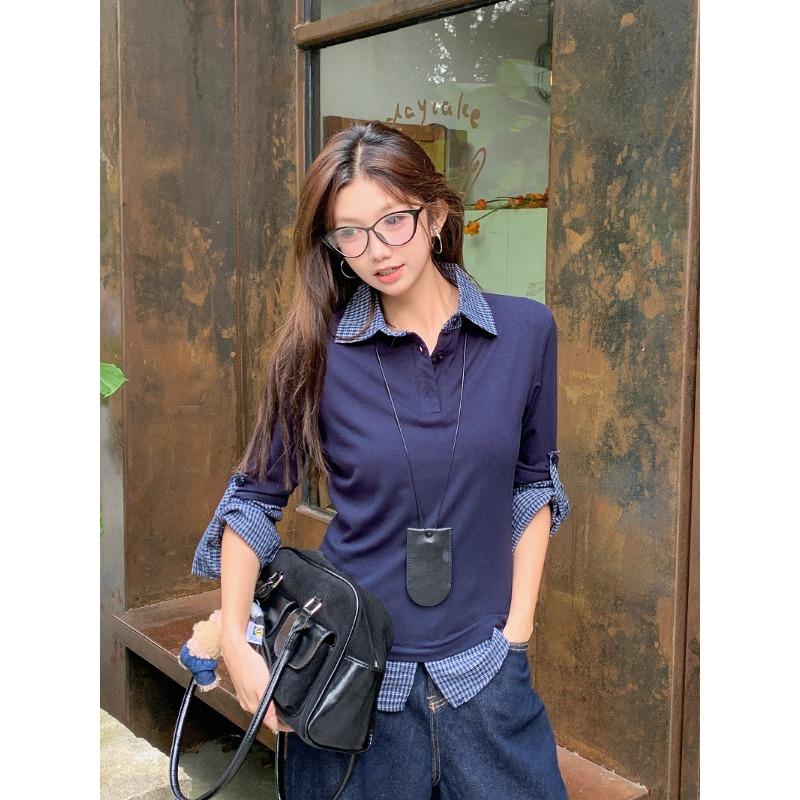 Fake Two-piece Design Sense Polo Neck Contrast Long-sleeved T-shirt for Women's Warm Season and Autumn New Style College Style Slim Shirt Sleeves