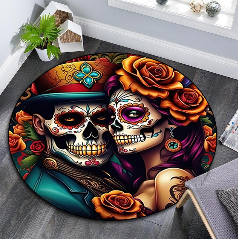 1Pc Day of the Dead Circular Print Rug - home decoration Carpet For Living Room Bedroom Flooring Computer Chair Area Rug