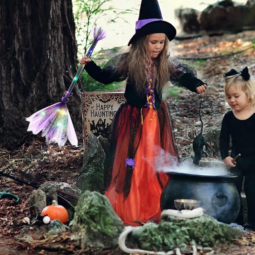 Witch Broom Kids Broom Stick Halloween with LED Lights Cosplay Props Witch Costume Accessories Cosplay Props