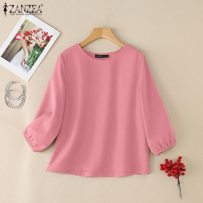 ZANZEA Women Casual Round Neck Solid Color 3/4 Sleeve Blouse
