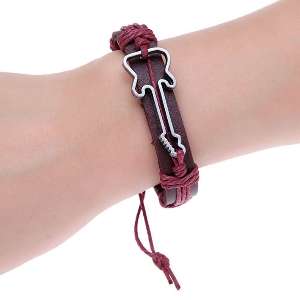 Hollow Adjustable Rope Men PU Leather Wristbands Antique Charm Jewelry Bangles Guitar Bracelets