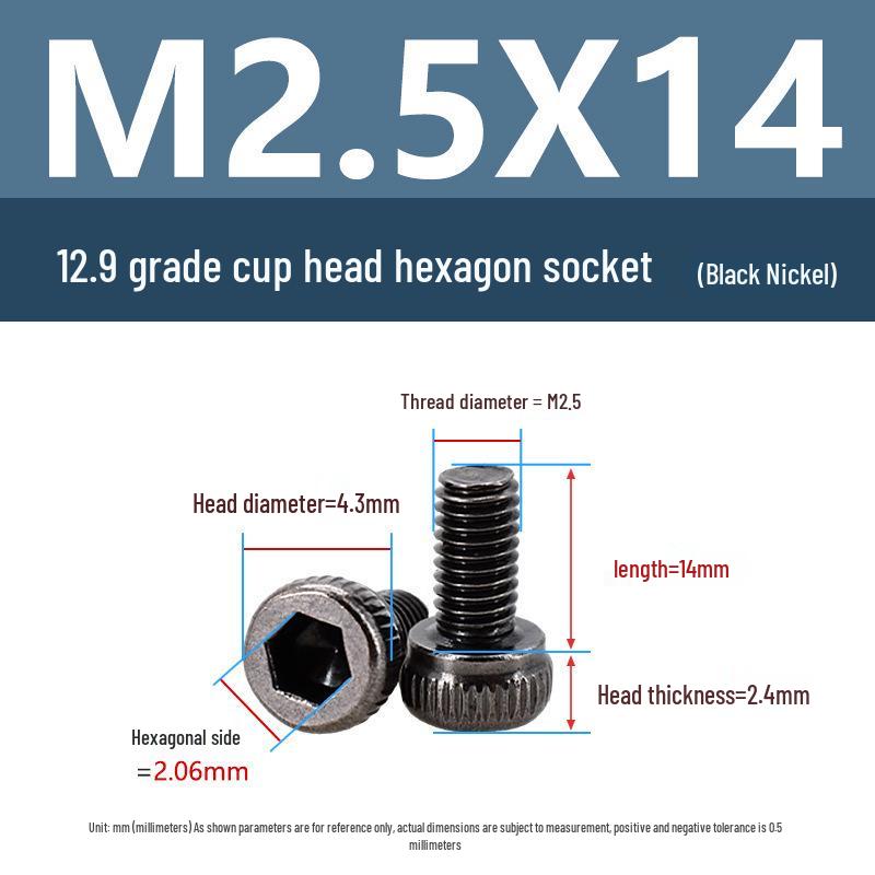 Yigu High-Strength Black Nickel Hex Socket Screw, M1.6-M4, Knurled Cup Head Bolt, 12.9 Grade.