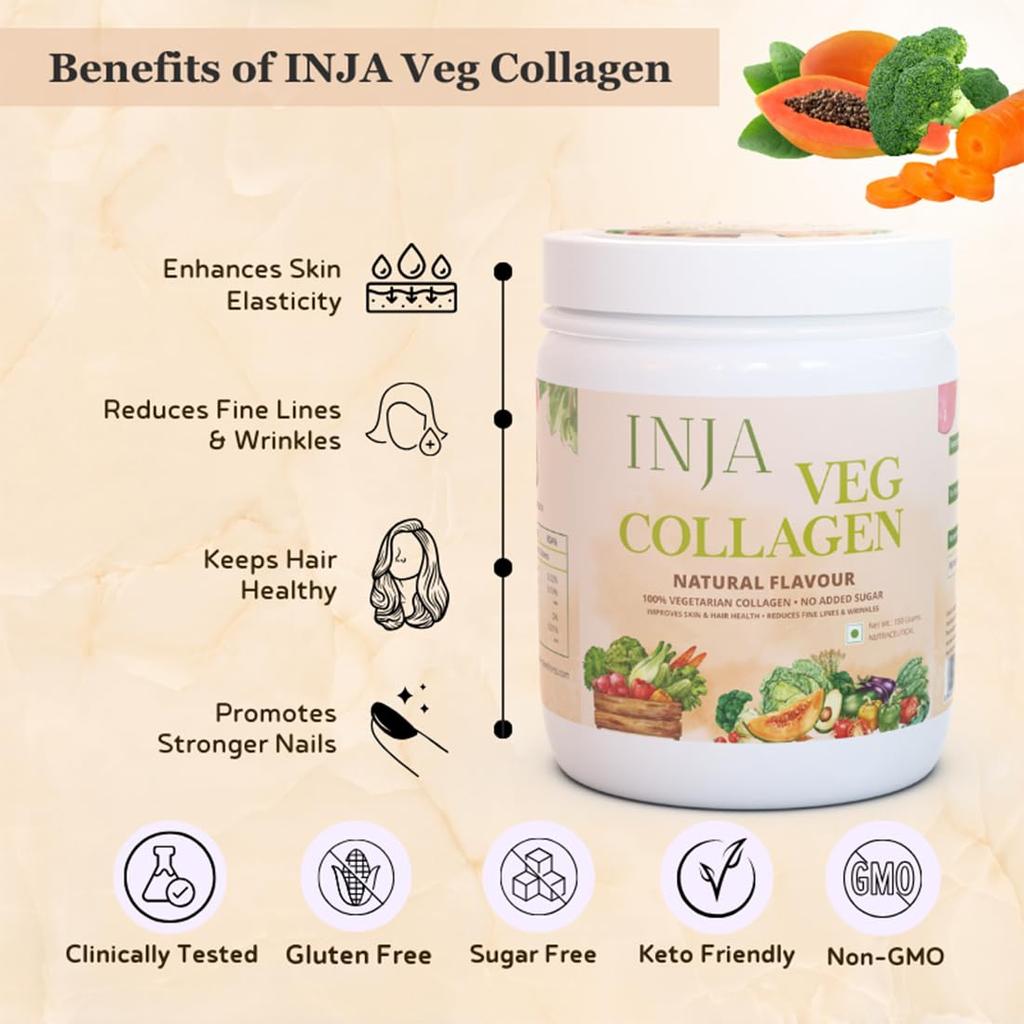 INJA Wellness Veg коллагеновая добавка в виде порошка для женщин и мужчин, 100% вегетарианская, без добавления сахара, улучшает здоровье кожи и волос, натуральный вкус, 150 г