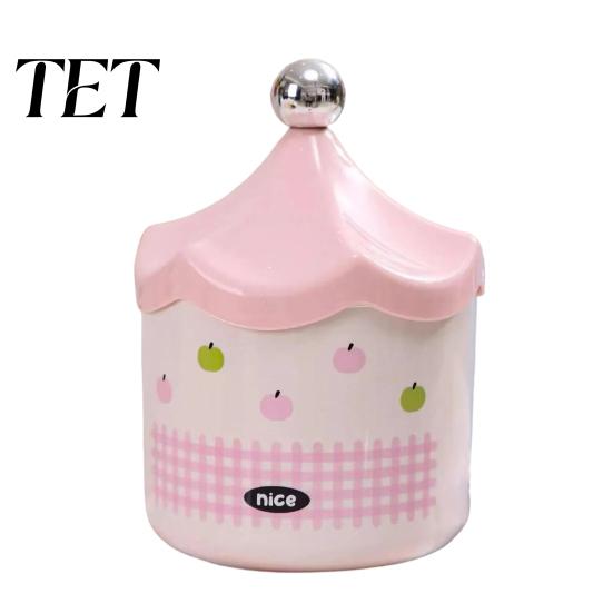 Bathroom Vanity Storage Desktop Trash Can with Flip-top Lid, Macaron Colors Castle Roof Shape, Bedroom Decorative Mini Bin for Office Desk And