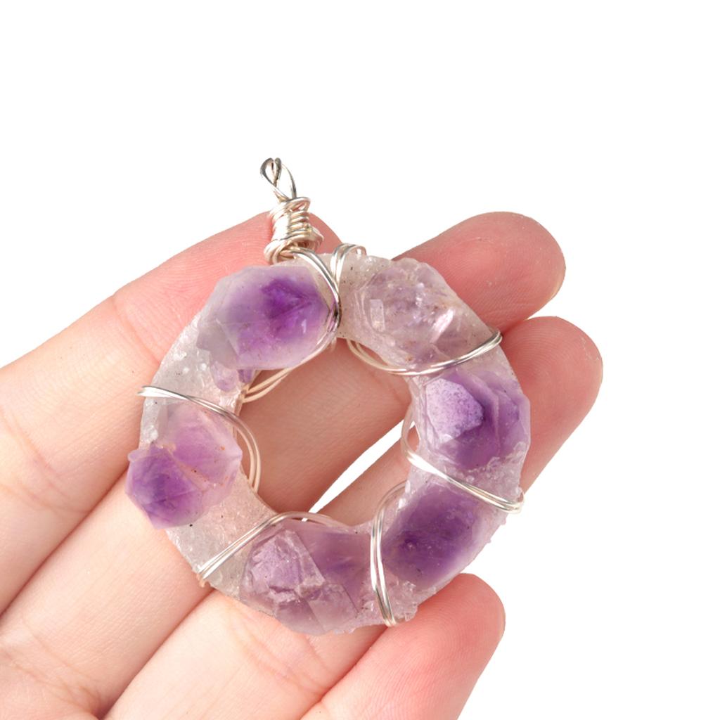 1Pc Healing Amethyst Necklace Purple Crystal Donut Raw Stone Wire Wrap Necklaces for Women Men Jewelry 38x38 Mm