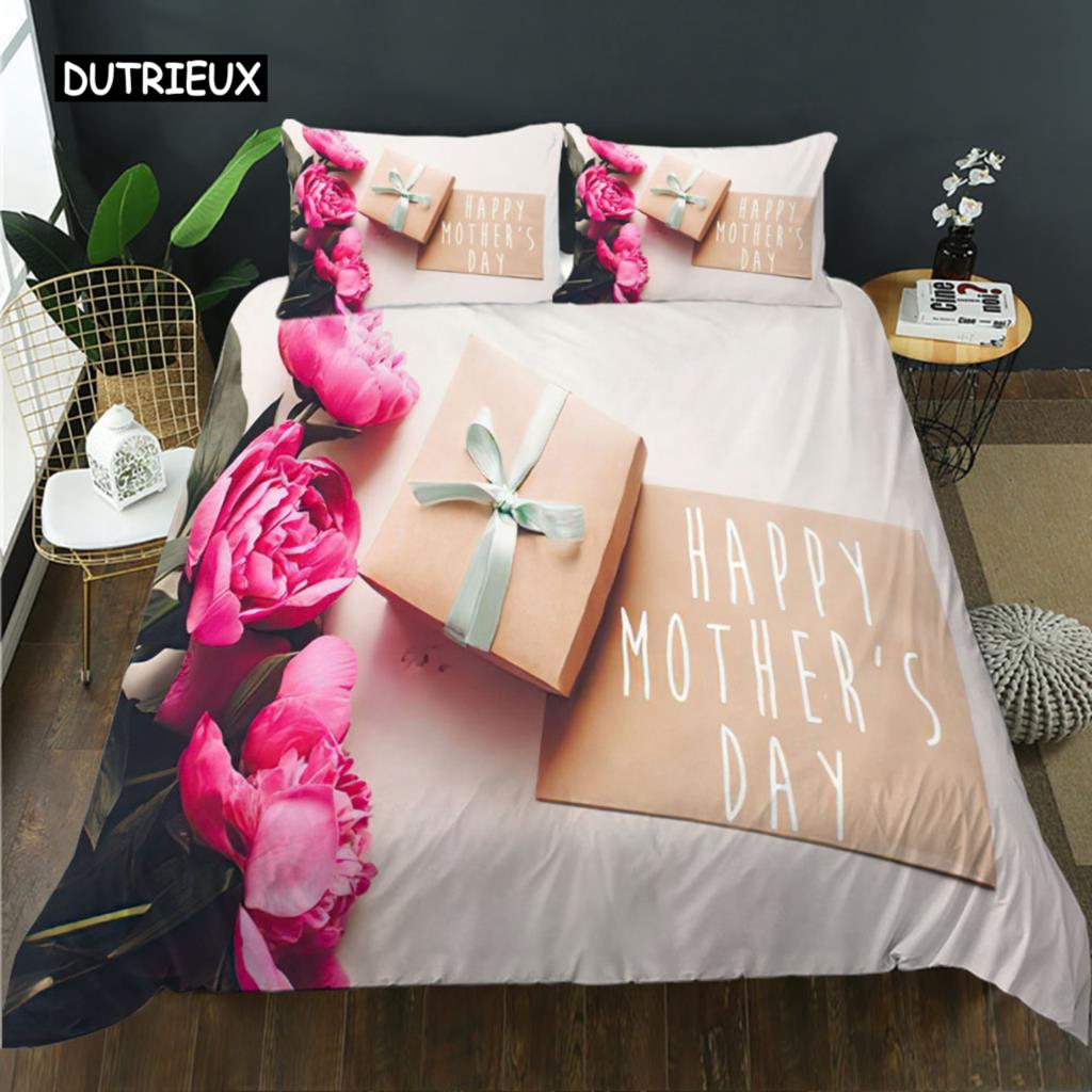 Mother's Day King Queen Duvet Cover Express Love for Mom Wife Bedding Set Colorful Floral Quilt Cover Polyester Comforter Cover