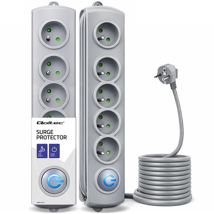 Qoltec Surge Protector Power Strip | 5 Sockets | 1.8m | Gray