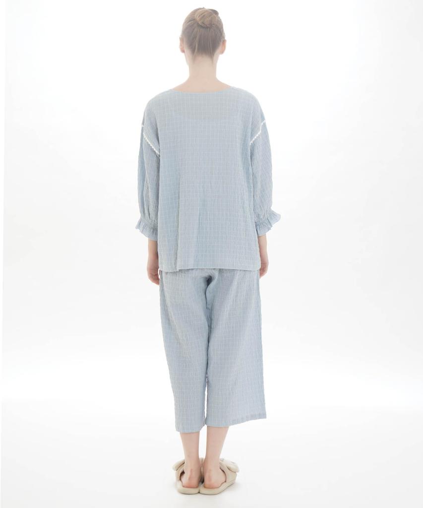 Пижамный комплект с вуалью и сборками, в клетку, синий [Narue], женский, ML