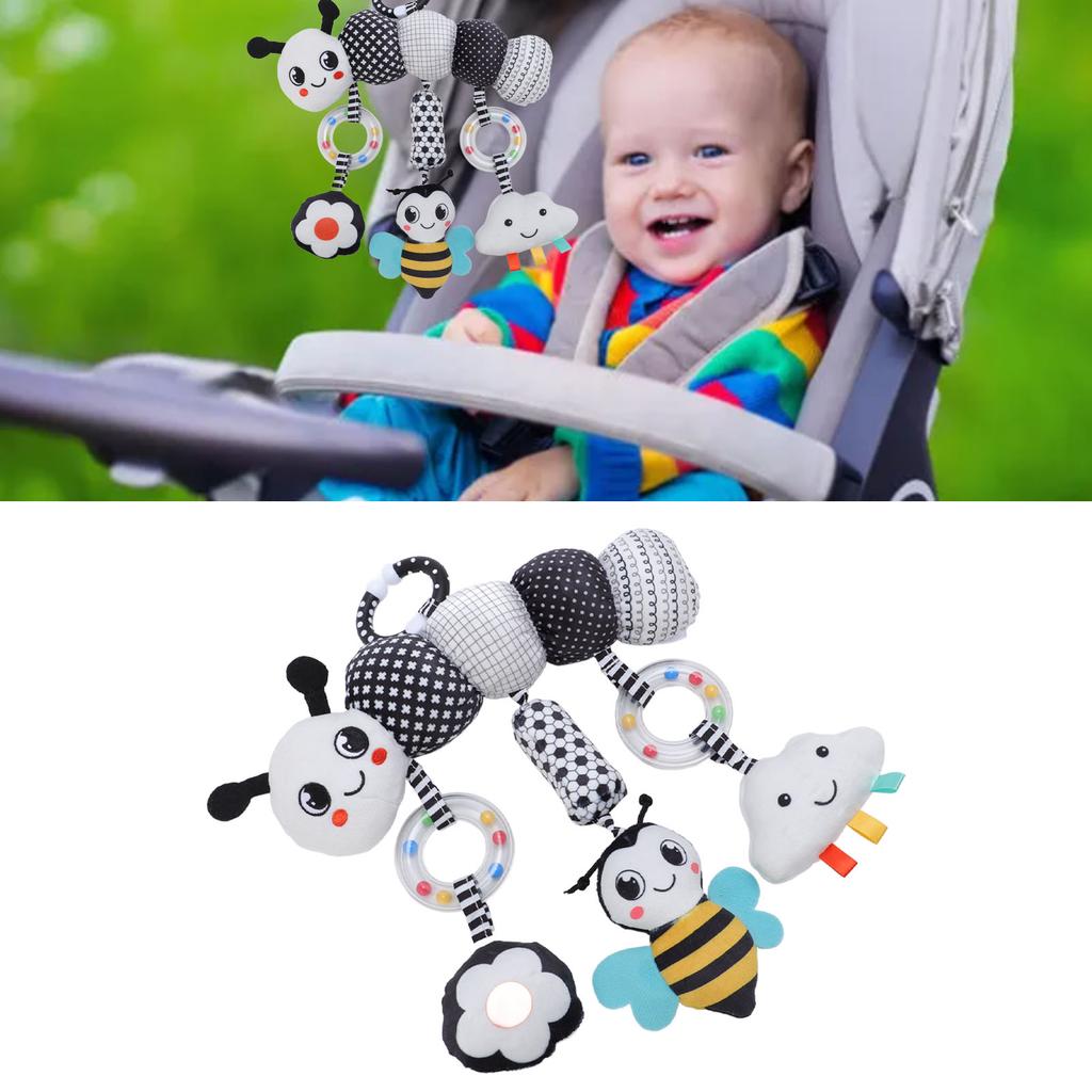 Подвесная игрушка для кровати, плюшевая игрушка ручной работы в виде животного с подвесными колокольчиками черного и белого цвета