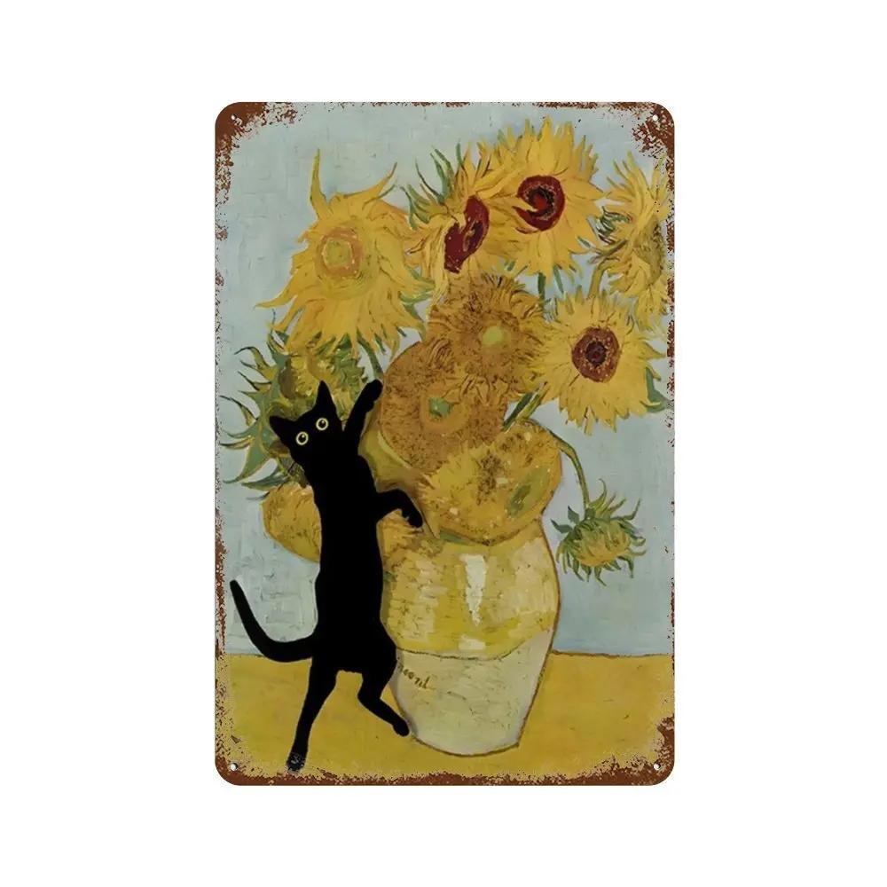 Знаменитая картина «Мона Лиза Звездная ночь» с забавным черным котом, постер, металлическая жестяная вывеска, табличка, настенное искусство, домашний декор для гостиной, спальни