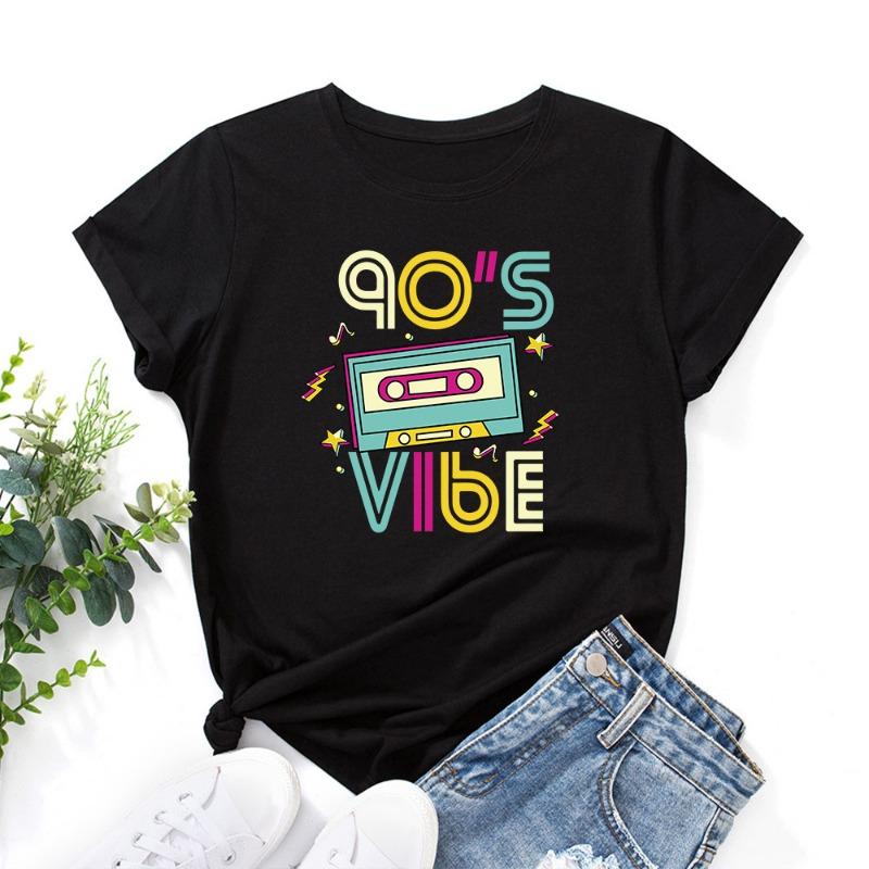 Летние женские футболки 90'SVIBE из хлопка с принтом, свободные, с круглым вырезом и короткими рукавами, женские
