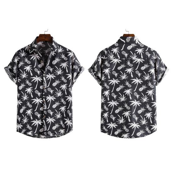 Turn-down Collar Short Sleeve Men Shirt Buttons Down Summer Coconut Tree Print Hawaiian Shirt for Travel
