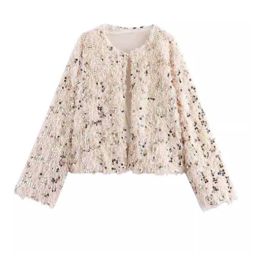 Short Feather Sequins Knitted Cardigan Women Temperament Elegant Round Neck Long-sleeved Jacket