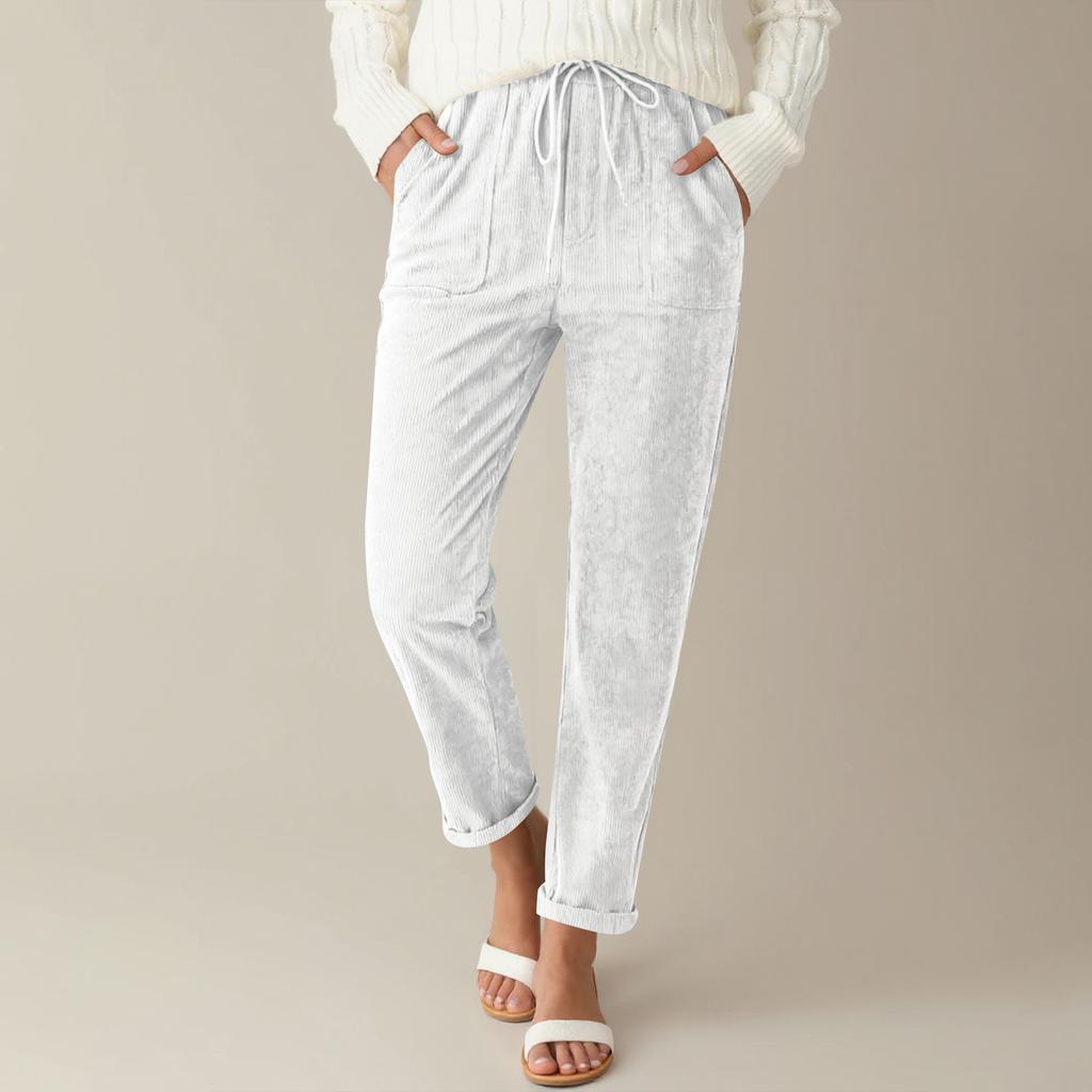 Corduroy Pants For Women Casual Drawstring Elastic High Waist Straight Leg Pants Loose Comfy Trousers With Pockets