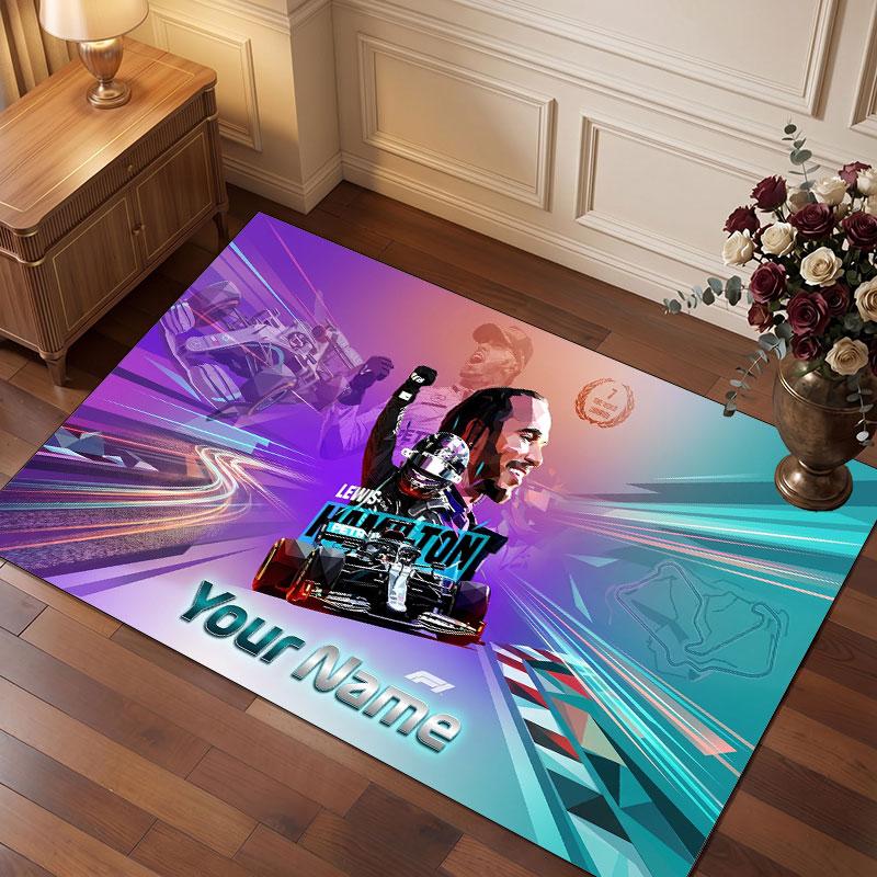 Lewis Hamilton Personalized Crystal Velvet Carpet, Customized Name Text Soft Anti‑Slip Rug for Living Room Bedroom