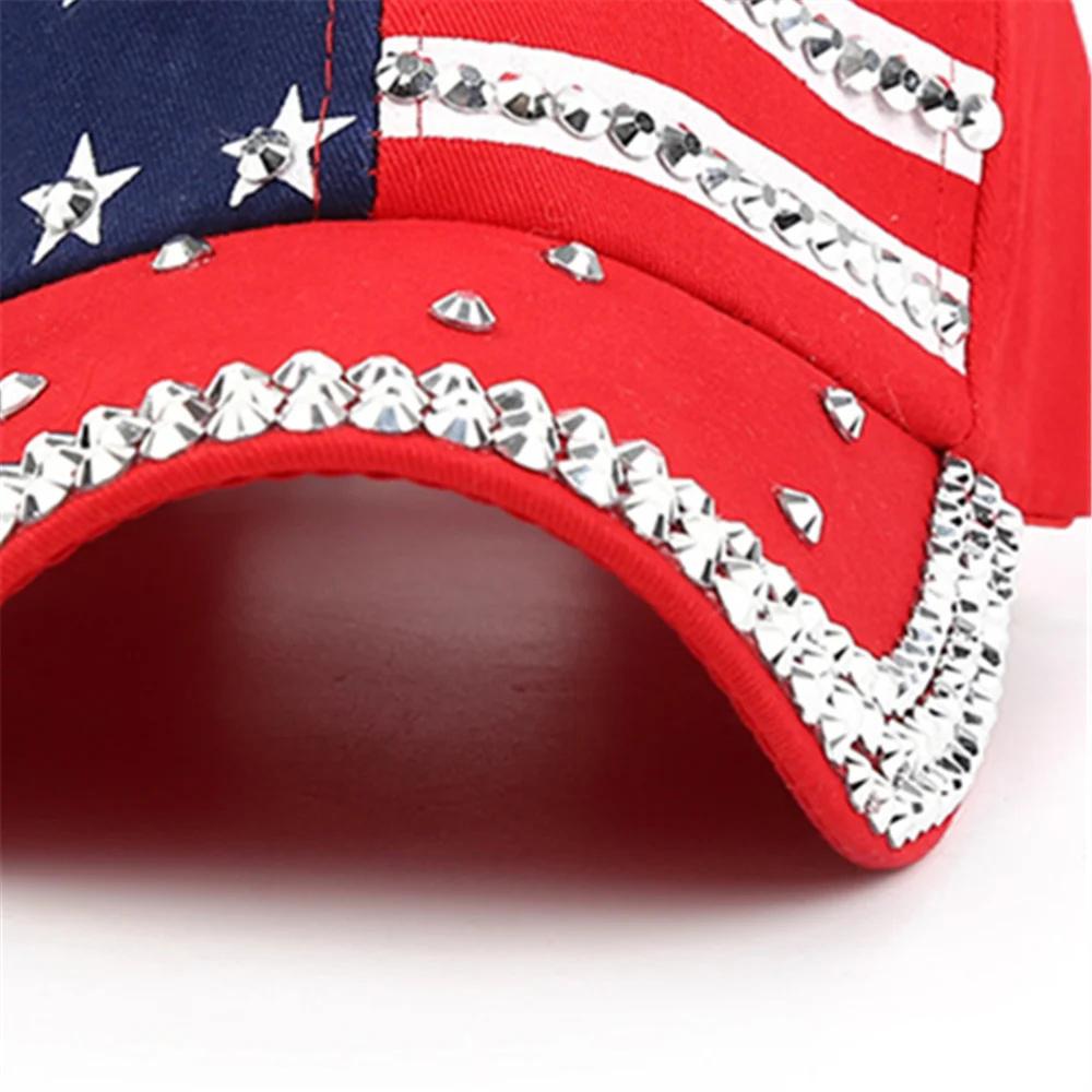 Унисекс Бейсболка Флаг США Алмазные заклепки Регулируемая Snapback Модная Кепка Gorras