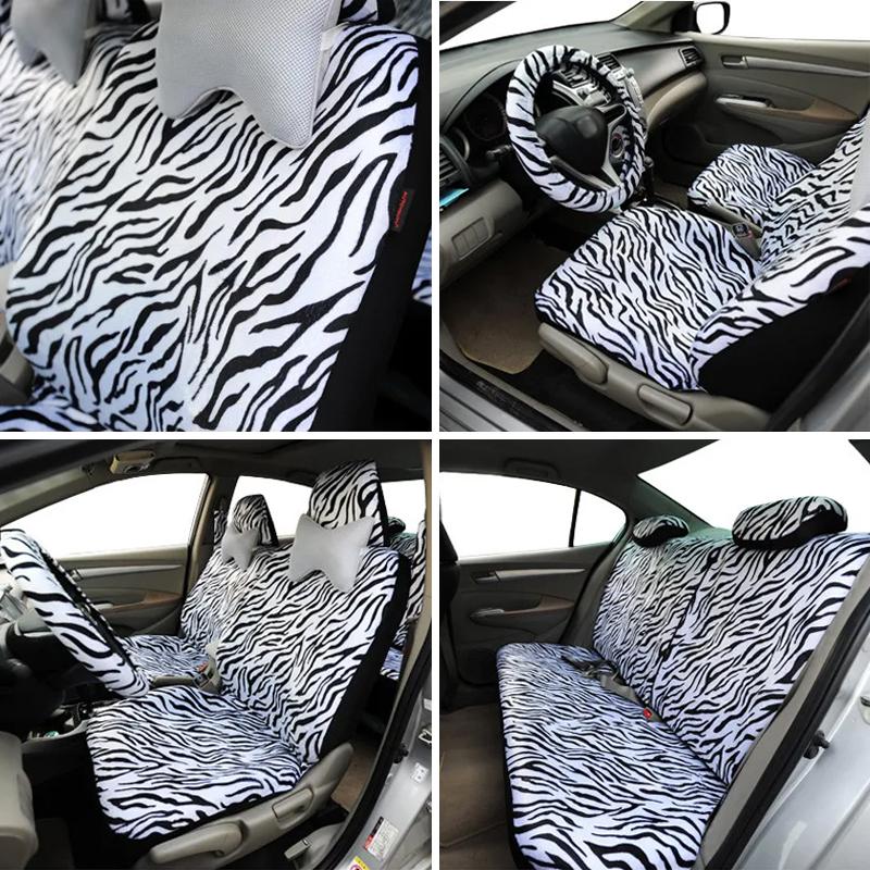 Короткие плюшевые чехлы на сиденья с рисунком зебры, универсальные, подходят для большинства автомобильных сидений, чехлы на руль, наплечники, белые чехлы на сиденья