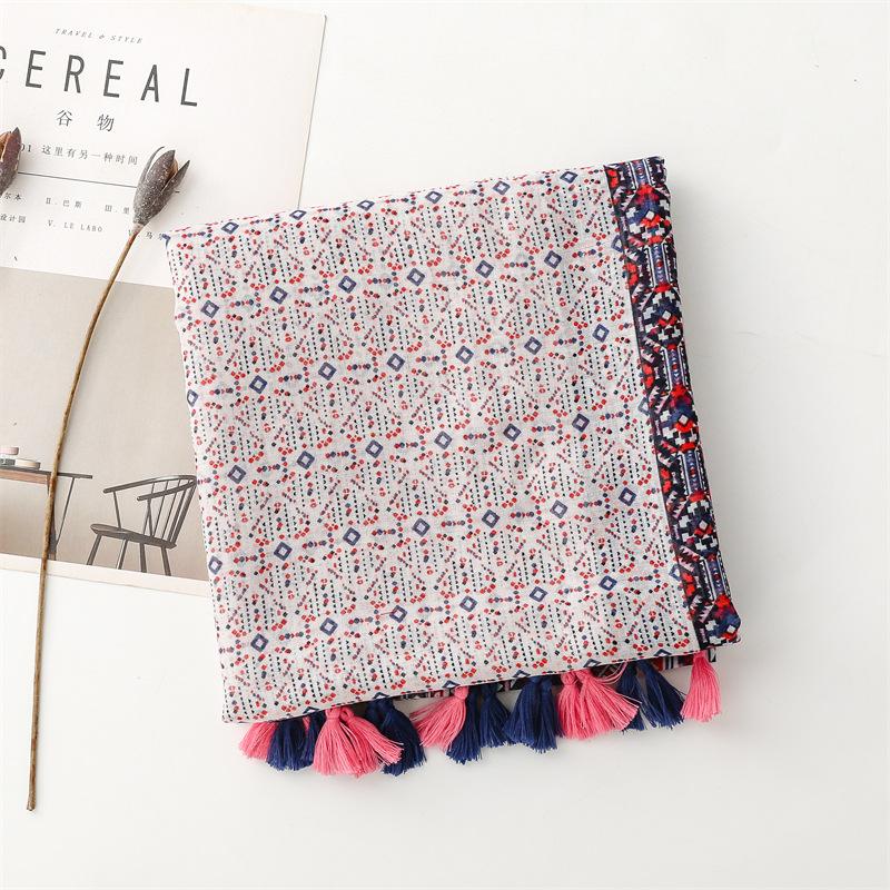 Boho Chic Floral Print Tassel Scarf for Women - Lightweight Polyester, Windproof & Sun-Protective Shawl with Ethnic Patterns