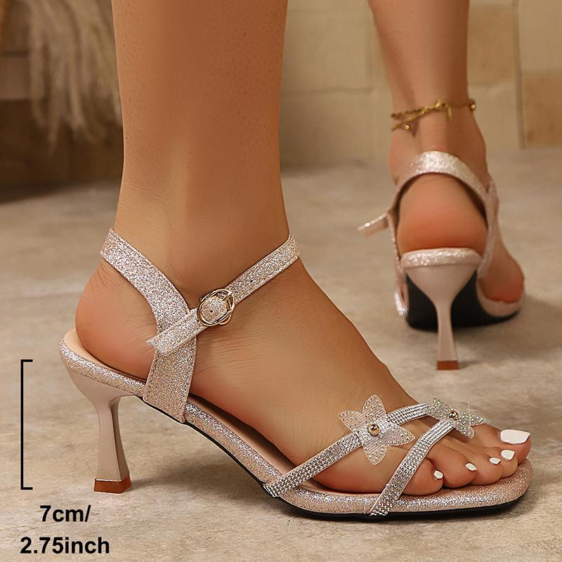 Модные туфли-босоножки на высоком каблуке с блестящими кристаллами в виде цветов для женщин, с ремешком на щиколотке, с квадратным носком, для вечеринок и банкетов, летние комфортные сандалии на тонком каблуке