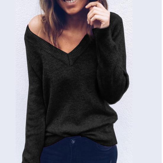 Knitted Sexy Sweater Winter Chic Lady Solid Color V Neck Blouse Long Sleeve Casual Pullover