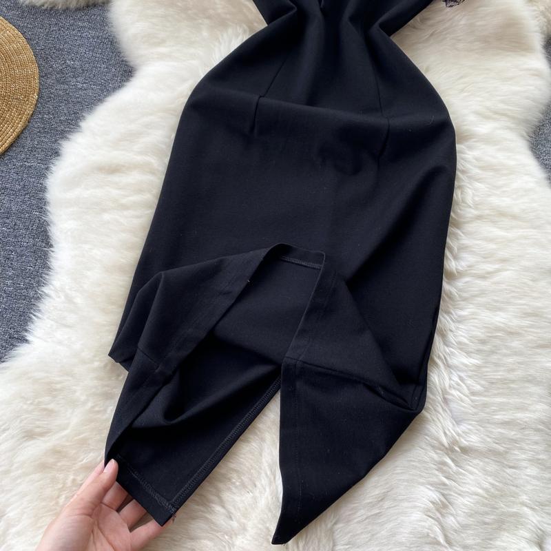 Lace Splice Black Office Work Dress French Style Summer Women Zipper O Neck Elegant Ladies Split Solid Slim Bodycon Dresses