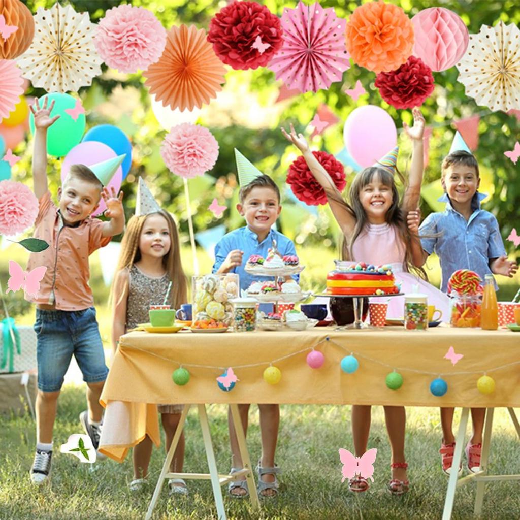 SUNBEAUTY Дневные украшения Розовые бумажные веера Украшения для вечеринки Подвесные бумажные помпоны Веера-цветы Шары-соты для Дня рождения Свадьбы На открытом воздухе