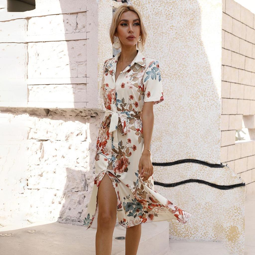 Women's Summer Ethnic Printed Short Sleeve High Waist A Line Lace Up Dress