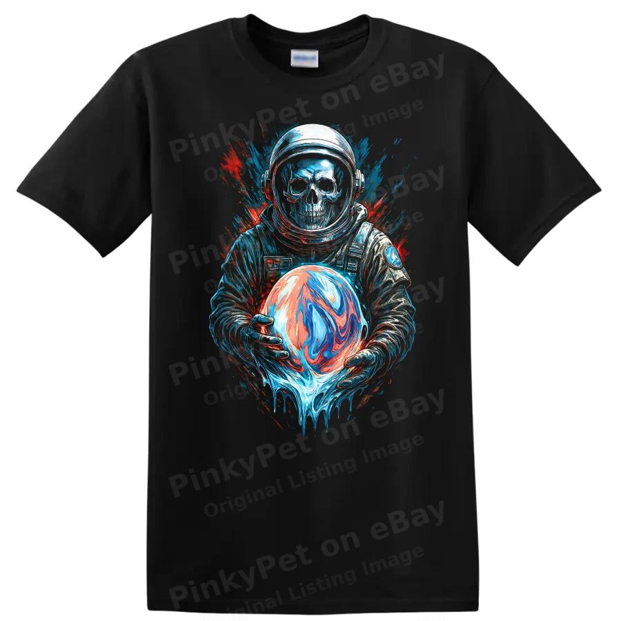 Skull Astronaut Holding Colorful Marble T Shirt Graphic Tee Space Art Design