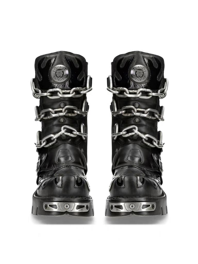 New Men's Punk Motorcycle Boots Metal Thick Heel Goth Skull Buckle Mid- Calf Combat Boots Zipper Round Toe Women Western Boots