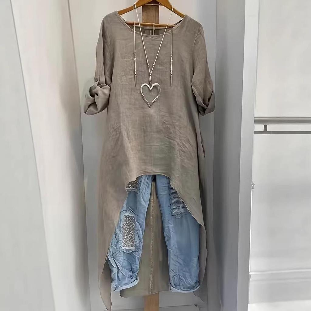 Женский льняной асимметричный длинный топ - Круглый вырез, Свободный крой, Неровный подол, Универсальная модная рубашка