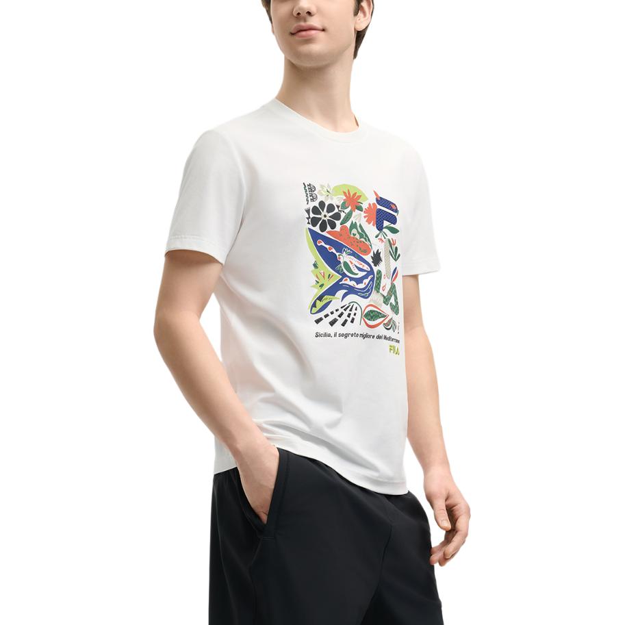 FILA T Shirts Men's Cloud White Crew Neck Moderate Straight Fit F11M528103F-WT