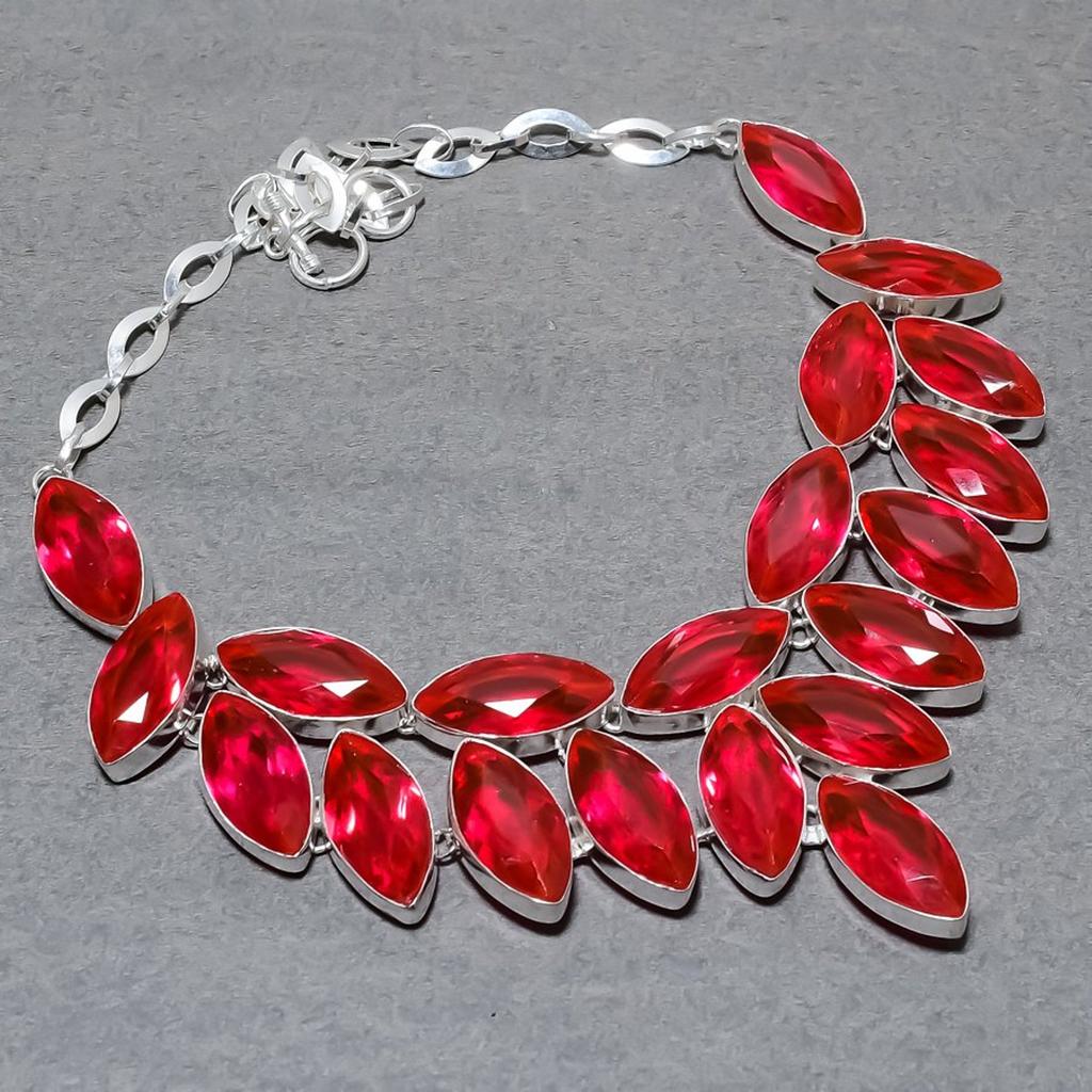 Lab Created Pink Tourmaline Necklace 18" Adjustable Chain Marquise Cut Gemstone