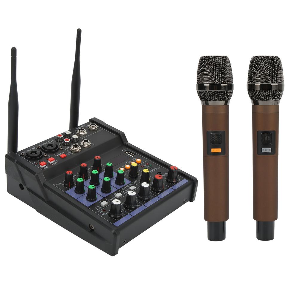4 Channel Small Bluetooth Stereo Mixer with 2 Wireless Microphones Family Stereo Processor for Live Streaming