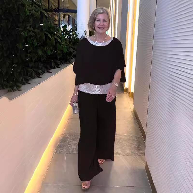 Женский комплект с круглым вырезом, расшитой пайетками, рубашка в стиле летучая мышь, широкие брюки в стиле колор-блок