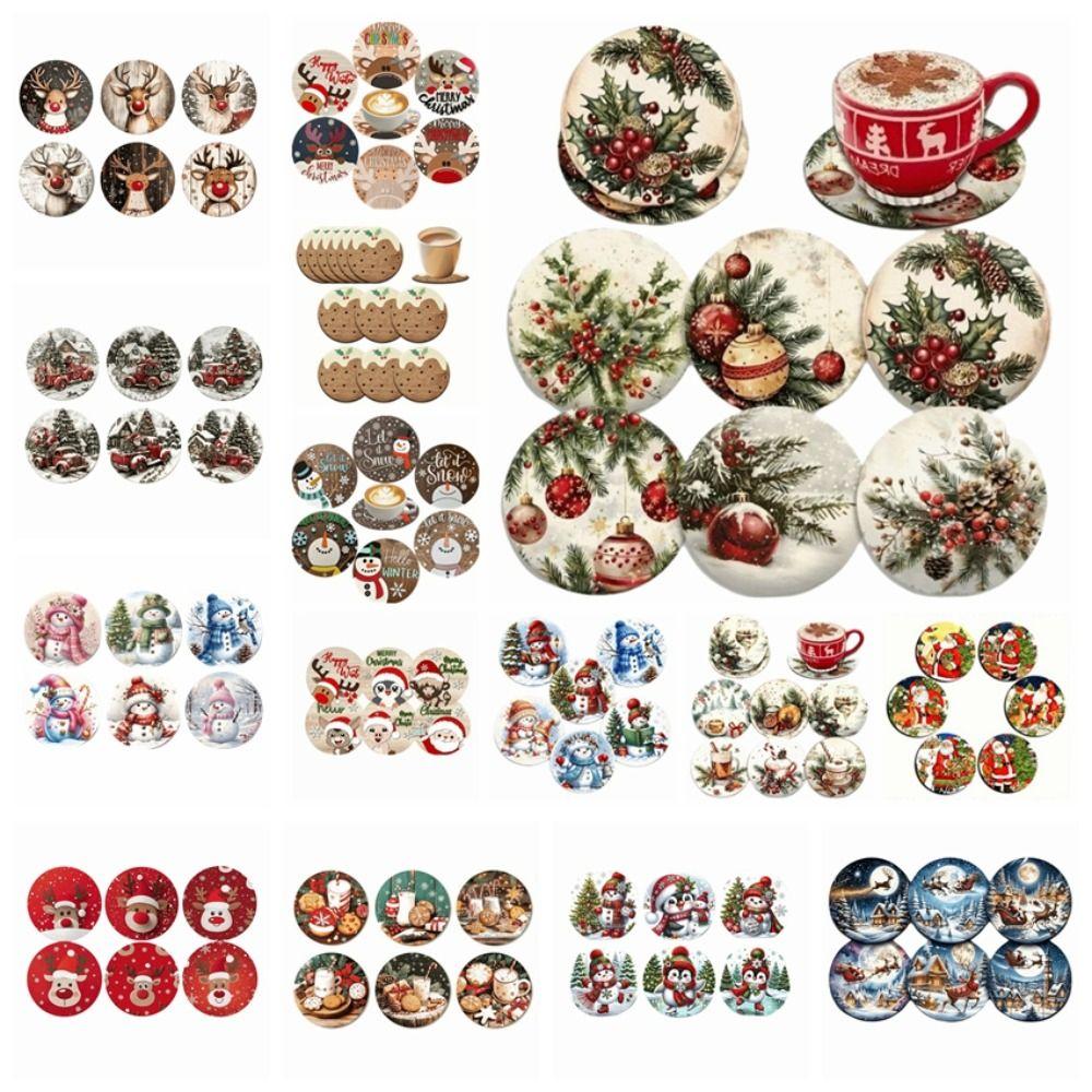 6pcs Snowman Santa Claus Coaster Wooden Coffee Cup Mat Christmas Drink Coaster Christmas Party