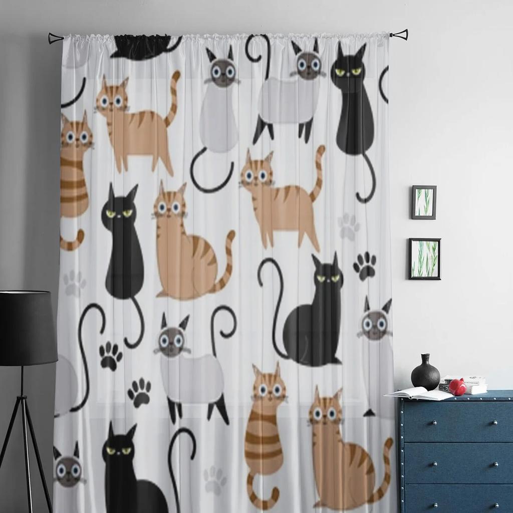 Прозрачные шторы с милым котом для гостиной, детской спальни, тюлевые шторы, кухонные шторы для окон