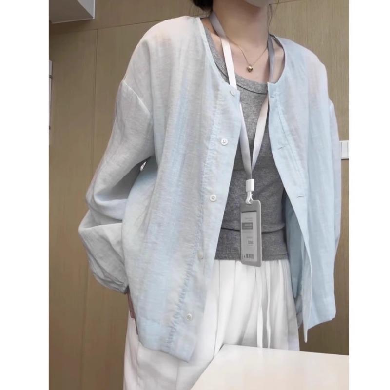 Women Round Neck Long Sleeve Loose Casual Sunscreen Shirt Fashion Daily Blouse Tops