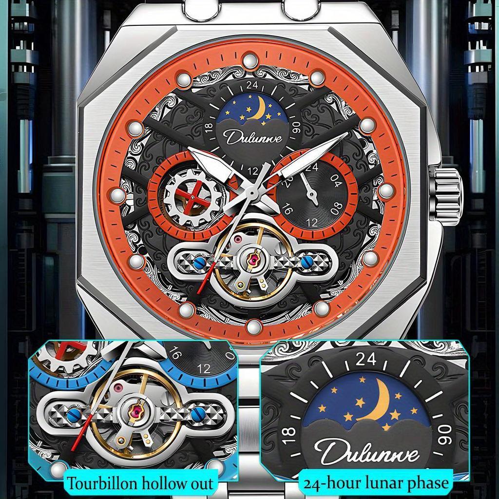 Tourbillon Hollowed Out Strong Luminous Moon Phase Mechanical Watch for Men, Fully Automatic Business Watch, Holiday Gift, Stainless Steel Watch