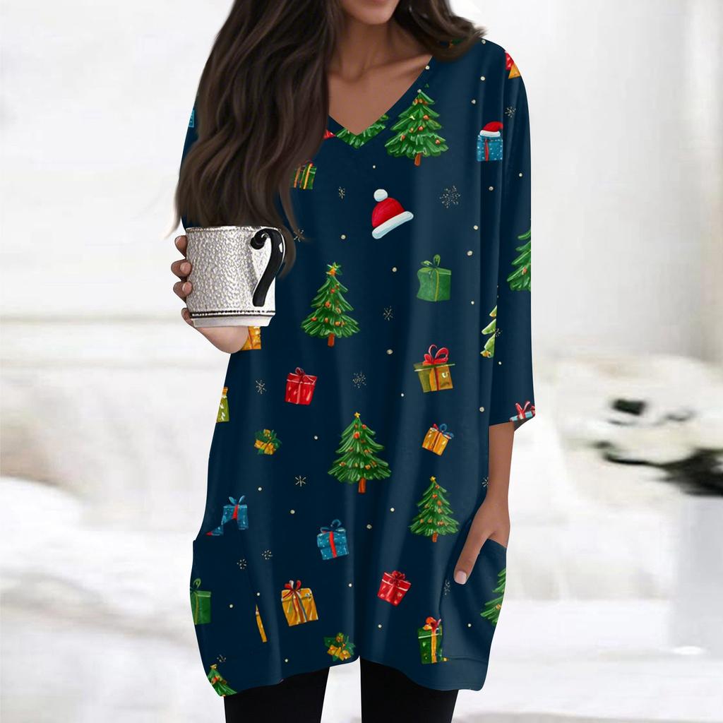 Womens Tops V-neck 3/4 Sleeve Blouses Casual Mid-length Shirts Fashion Christmas Print Tunic Tops With Pockets