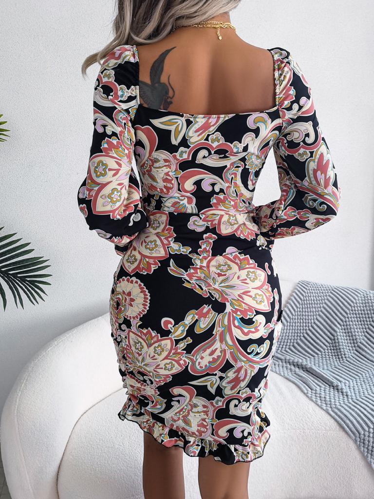 Women's New High Waisted Sexy Dress In Autumn Long Sleeved Short Skirts Printing Temperament Bag Hip Dress