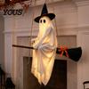 Игривое лицо призрака Декорация Хэллоуина Подвесное уличное украшение, Жуткий светодиодный подсвечиваемый Ведьма Теплый желтый Декор на метле для дома, дерева, крыльца, патио,