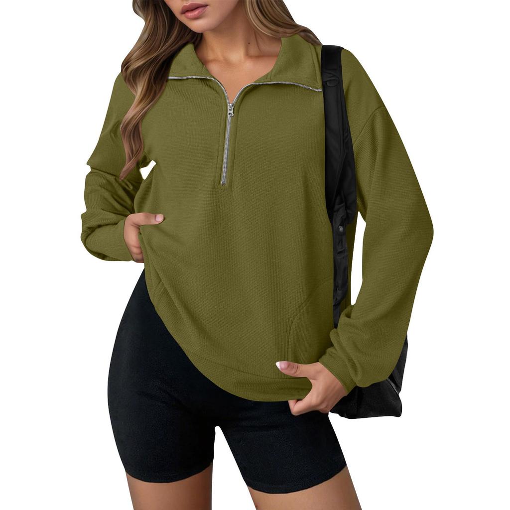 Women's Fashion Solid Color Zipper Lapel Solid Color Casual Sweatshirt Loose