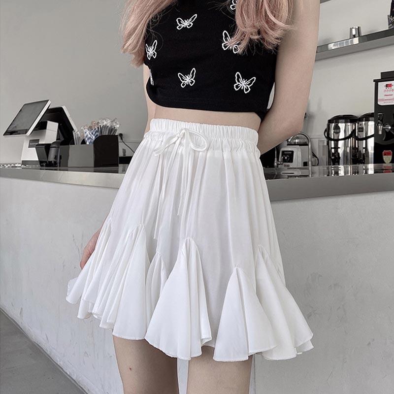 Белая плиссированная юбка с повязками для женщин, летняя мини-юбка трапециевидной формы с высокой талией, тонкая милая одежда с пышными рюшами, женская винтажная одежда