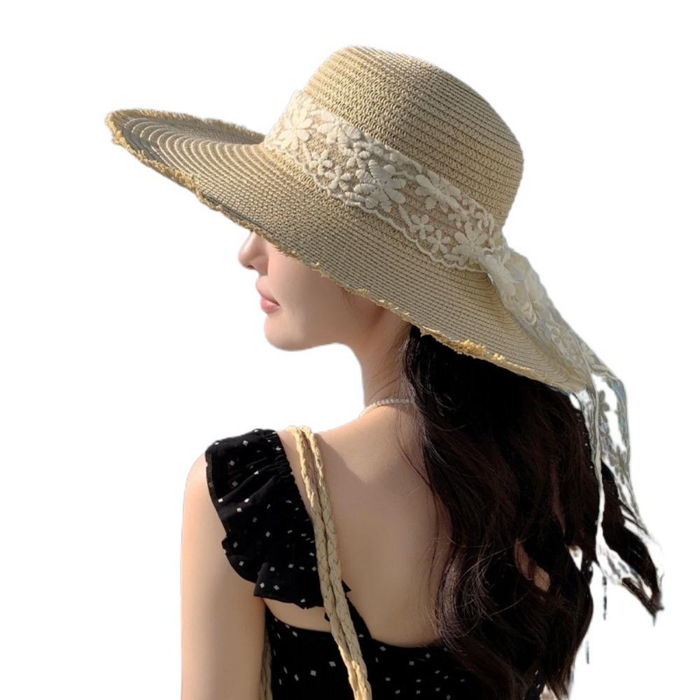 Breathable Wide Brim Sun Hat Large Brim Sunshade Cap Vacation Lace Bowknot Straw Hat  Woman