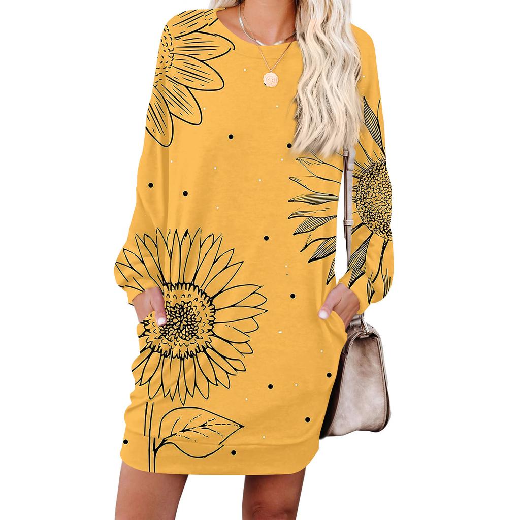 Women's Retro Printed Fashionable Long-sleeved Round-neck Pocket Dress