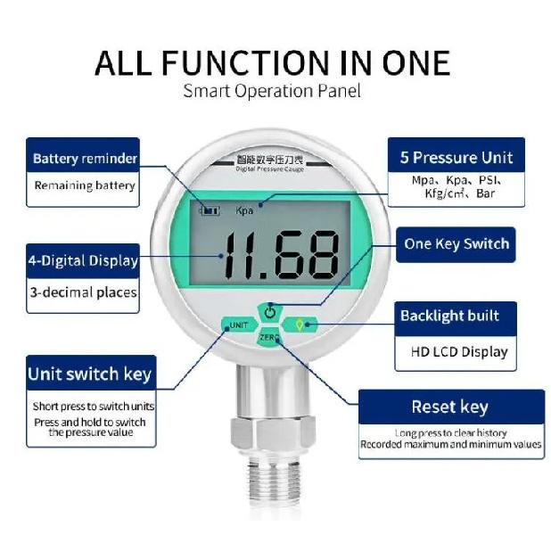 Digital Pressure Gauge 80mm LCD Display 0-60Mpa Manomete Battery-Powered Air Pressure Meter Psi/Bar/Kpa Water Pressure Gauge